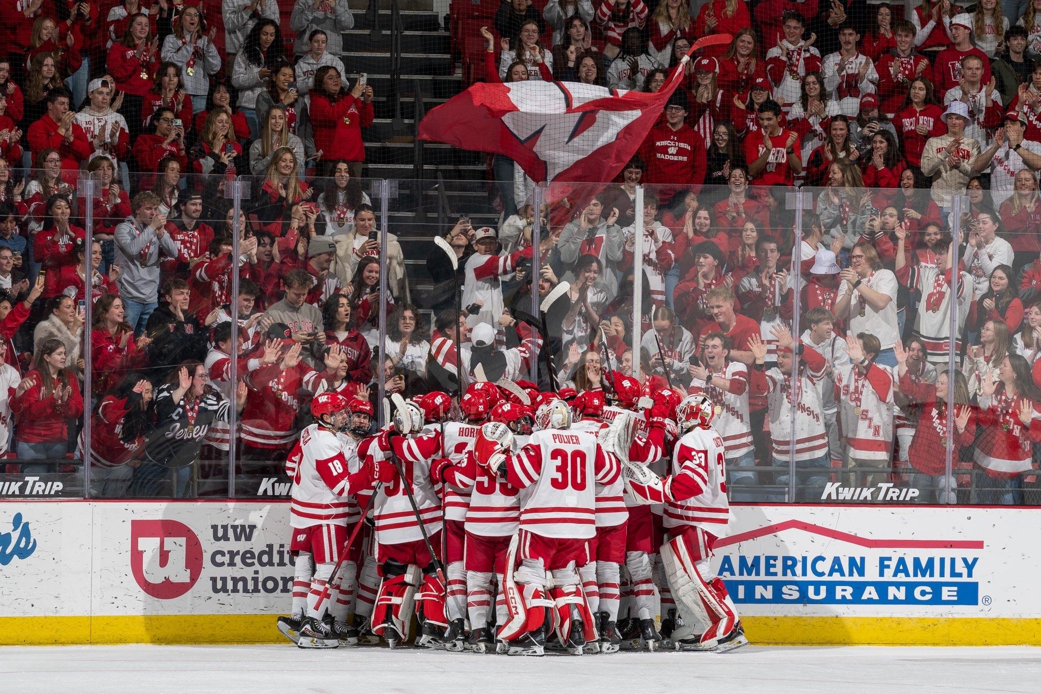 Wisconsin men's hockey celebrates a win over Notre Dame