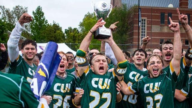 CUI celebrates its first-ever RMAC lacrosse title. 