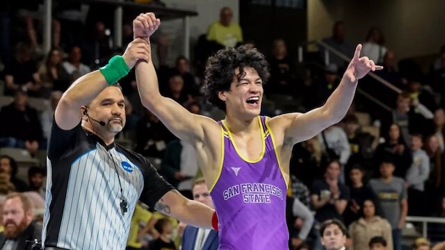 San Francisco State's Johnny Lopez celebrates another DII wrestling victory.