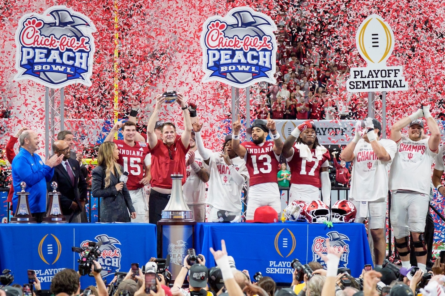 Indiana lifts the Peach Bowl trophy after defeating Oregon in the College Football Playoff semifinals
